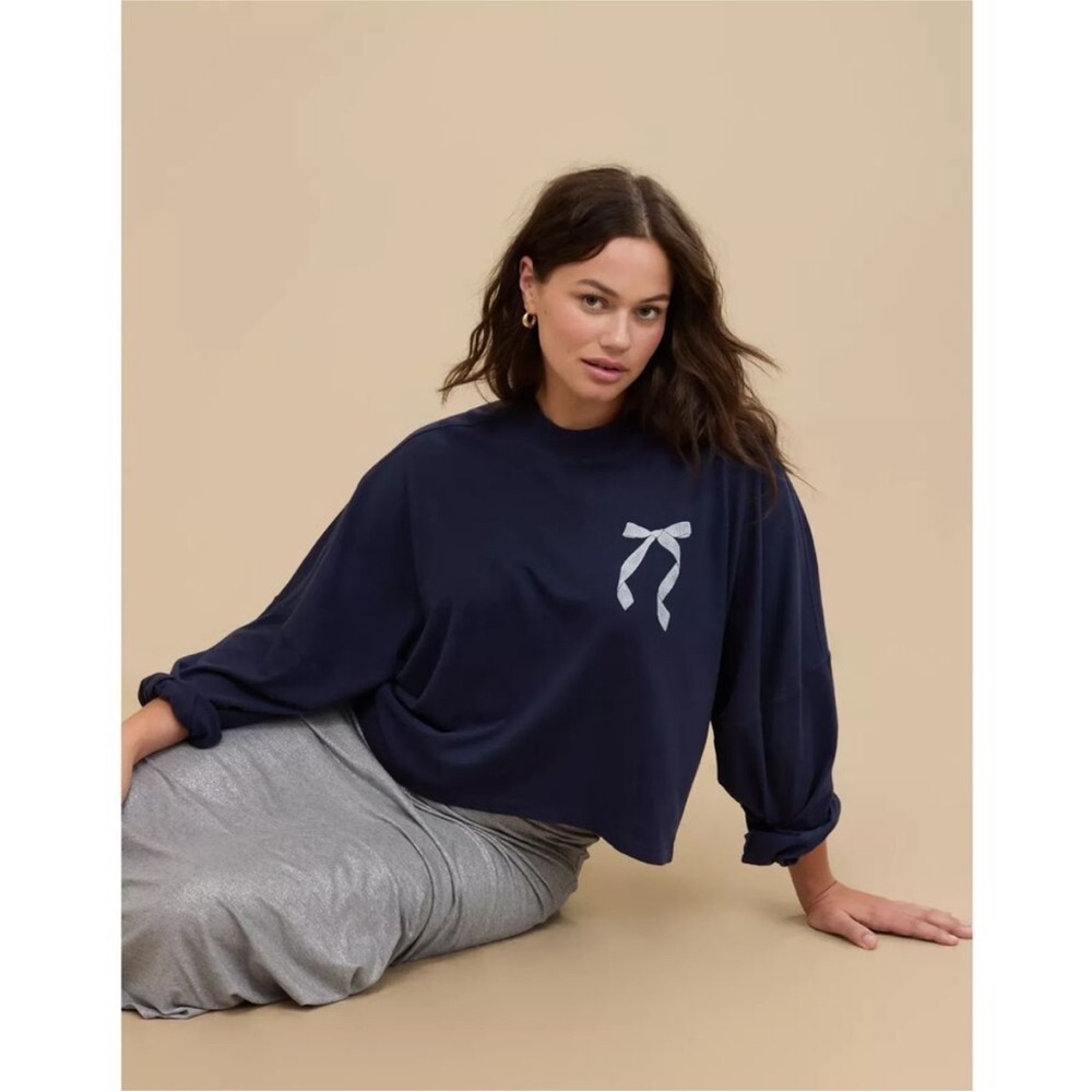Aerie Navy Mockneck Long Sleeve with Bow Accent 100% cotton